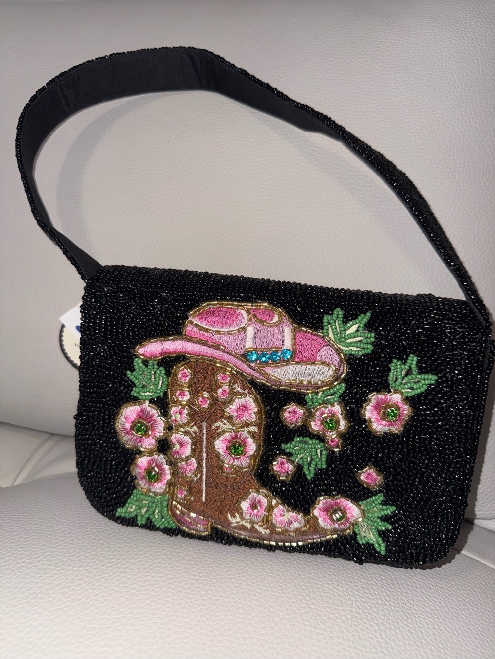 Black Beaded Mini Crossbody with Pink Floral Cowboy Appliqué
